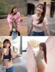 A collage of photos of a woman in a pink shirt and blue jeans.