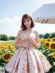 A woman in a pink dress standing in a field of sunflowers.