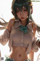 Anime girl with long green hair wearing a white shirt and green skirt.